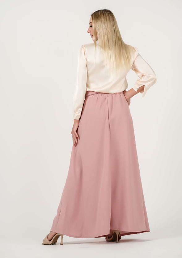 Lustrous Charm: Cream Silk Necktie Shirt + Blush Perfection: The Signature Flow Skirt