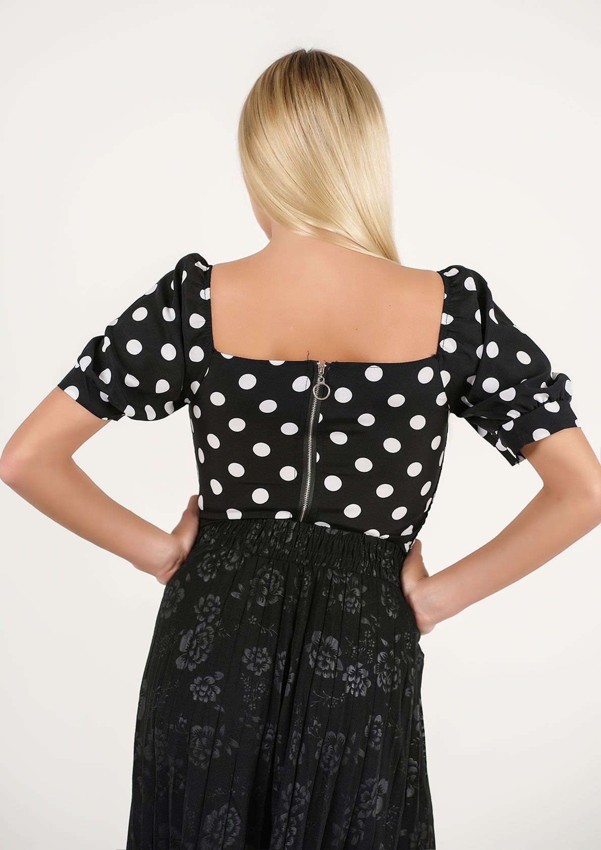 Monochrome Mélange: Polka-Dot Puff-Sleeve Top