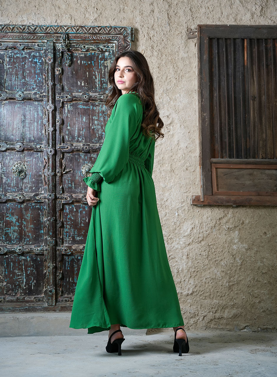 Elegant Waves Green Maxi Dress with Pleated Waist