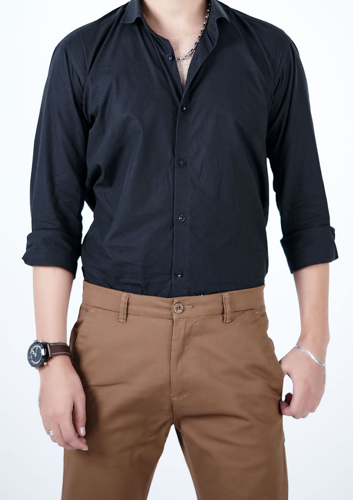 Solid Full Length Belted Chino Pants with Button Closure