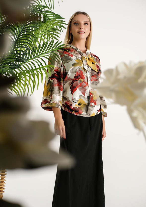 Harvest Bloom Ensemble: Watercolor Floral Top + Classic Twist: The Midnight Wrap Skirt