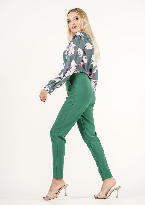 Blossom Harmony: Garden Print Tie-Neck Top + Chic Green Elegance: Verdant Vogue Trousers