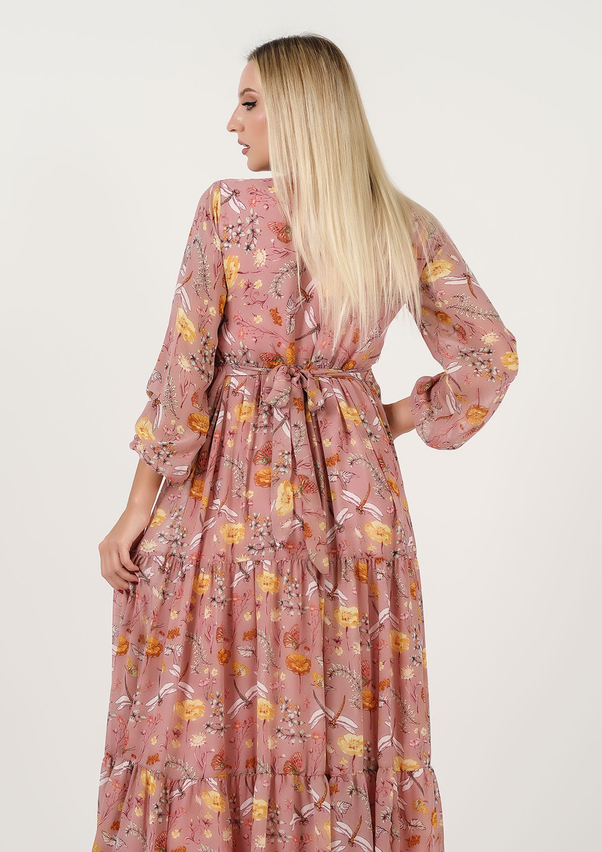 Blush Bloom: Enchanting Floral Chiffon Maxi Dress