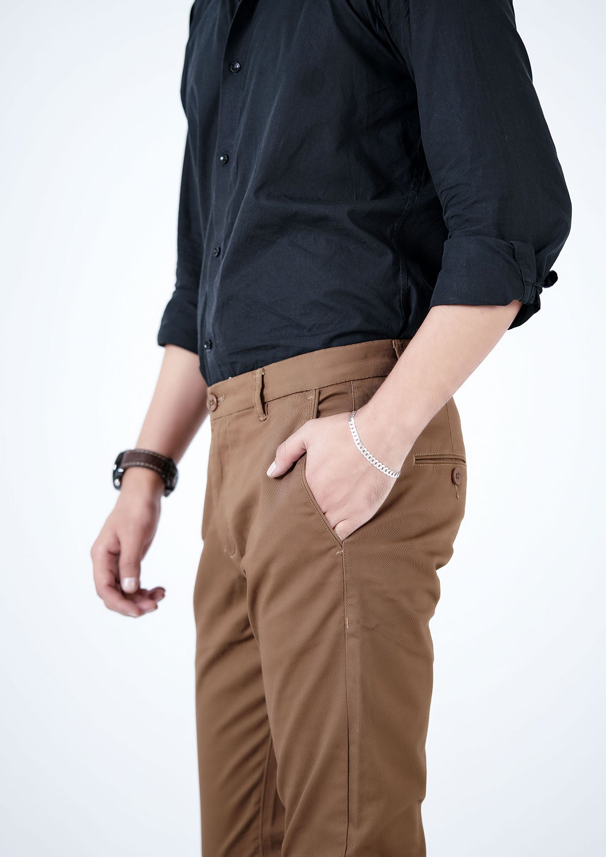 Solid Full Length Belted Chino Pants with Button Closure