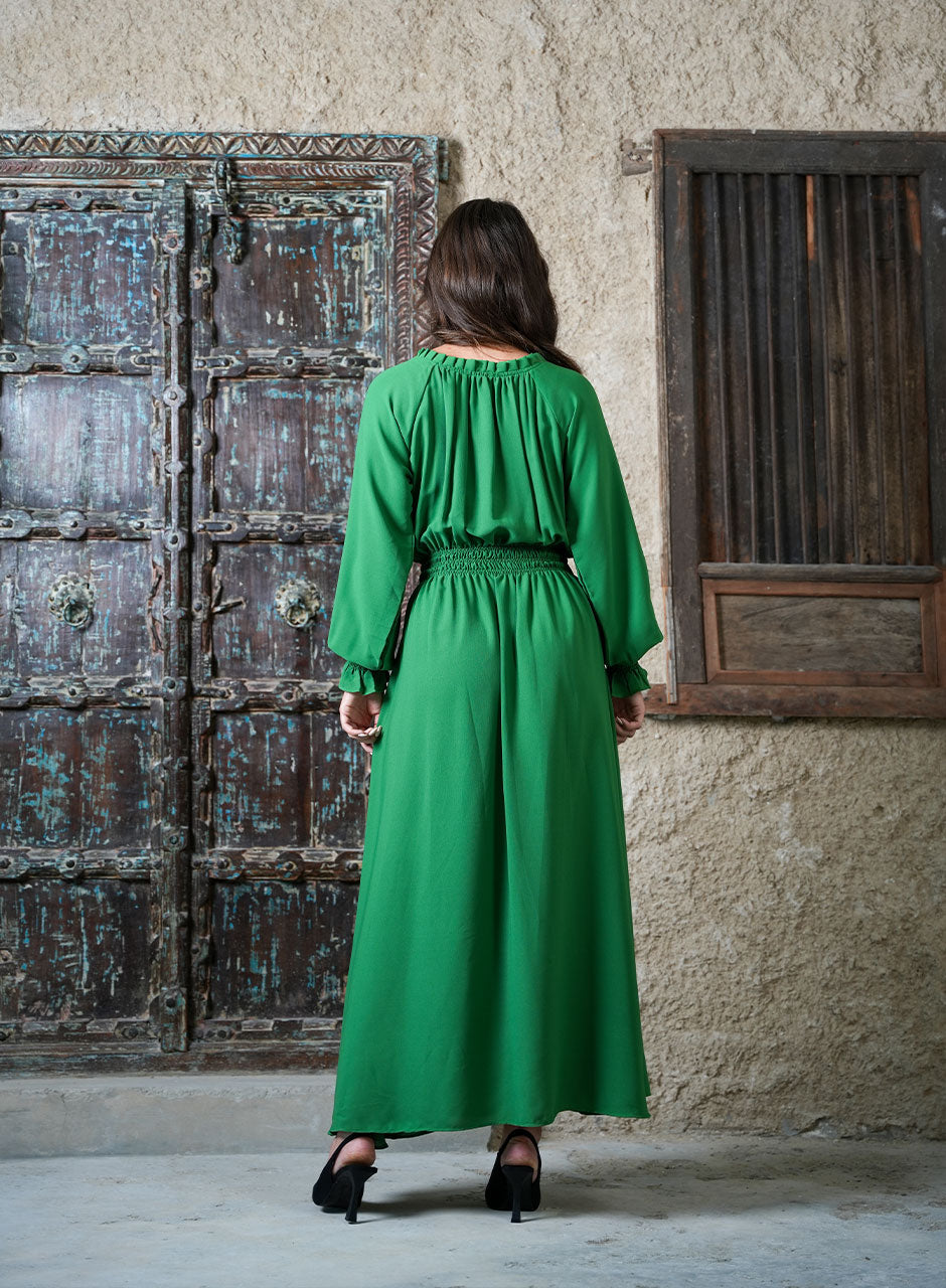 Elegant Waves Green Maxi Dress with Pleated Waist