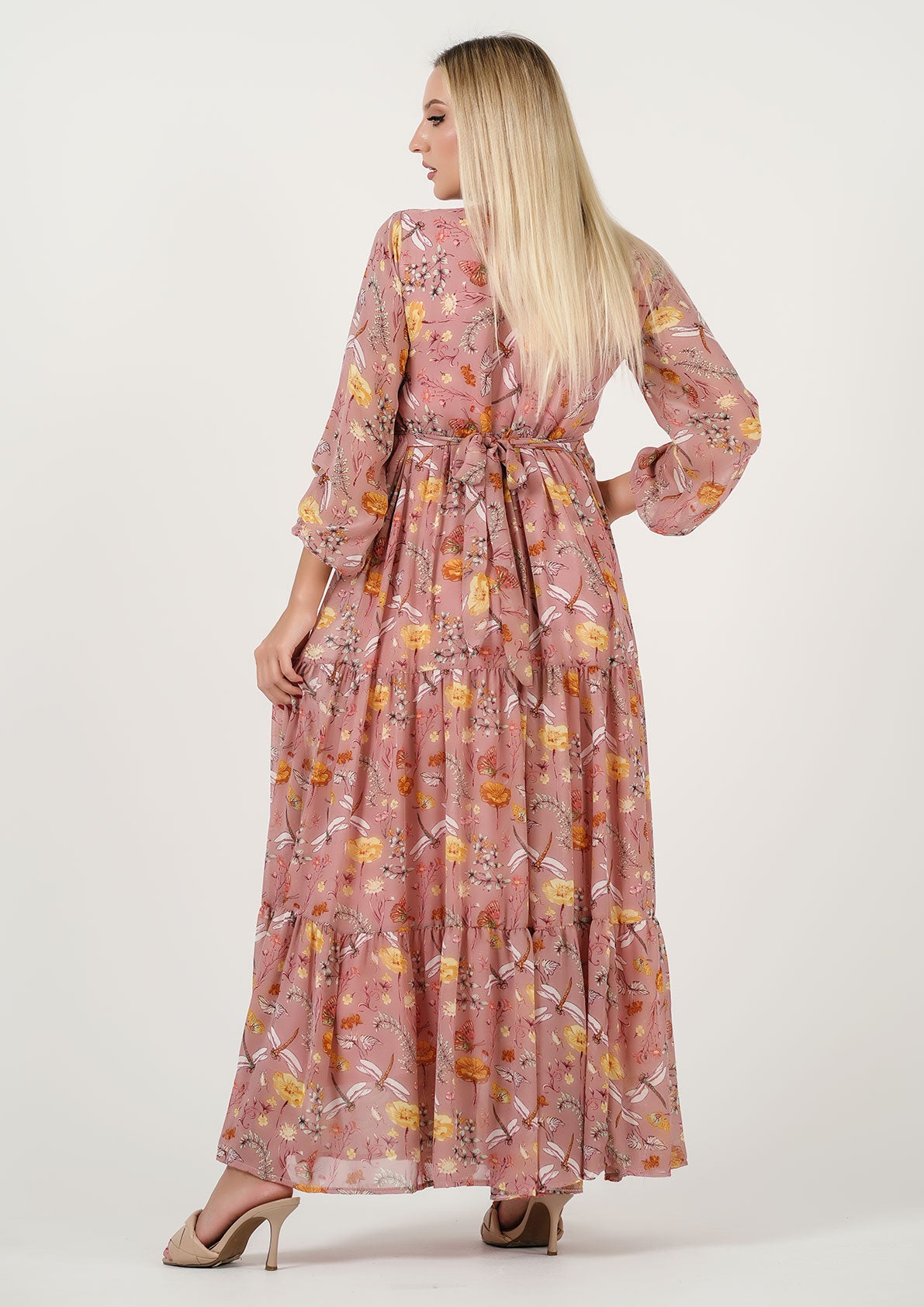 Blush Bloom: Enchanting Floral Chiffon Maxi Dress