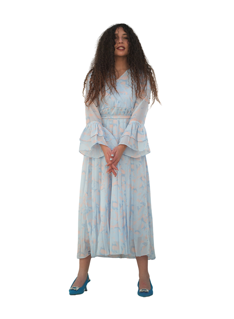 La Fleur - Glacier Garden Frilled Sleeves Maxi Dress