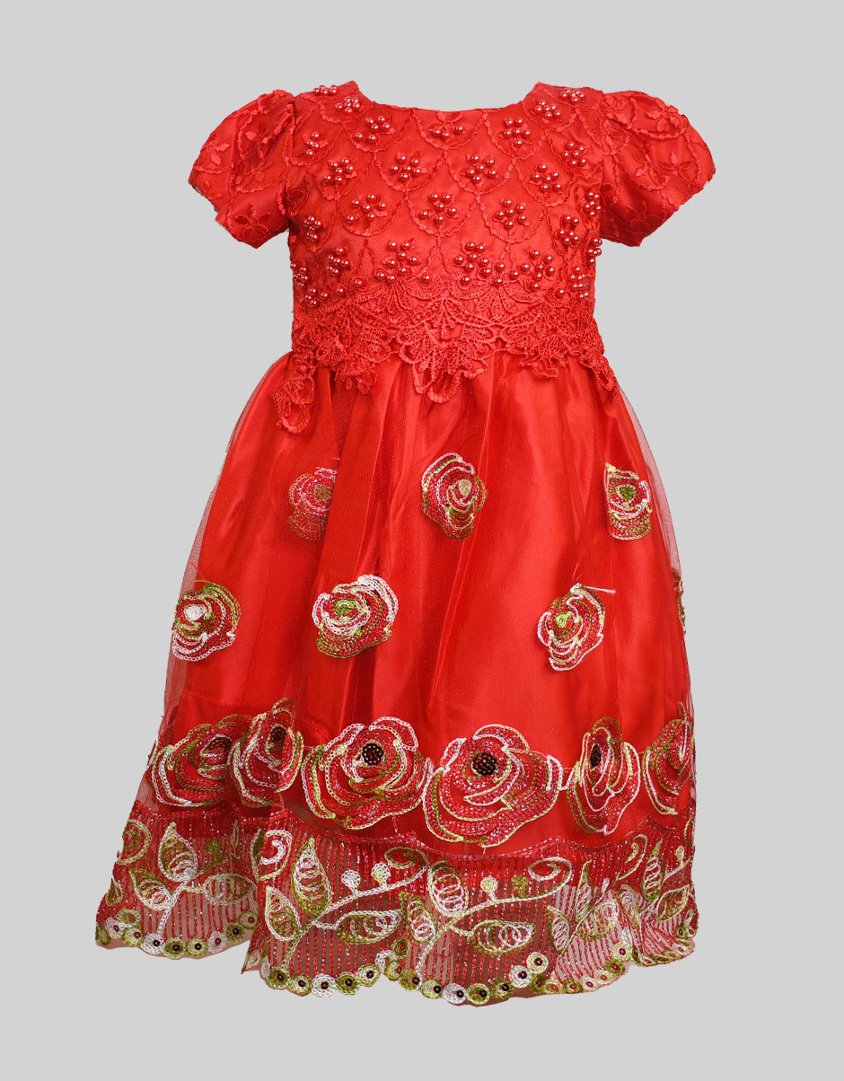 Embroidered Red Net Baby Frock