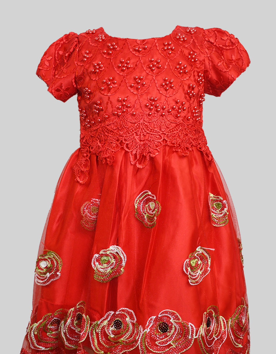 Embroidered Red Net Baby Frock