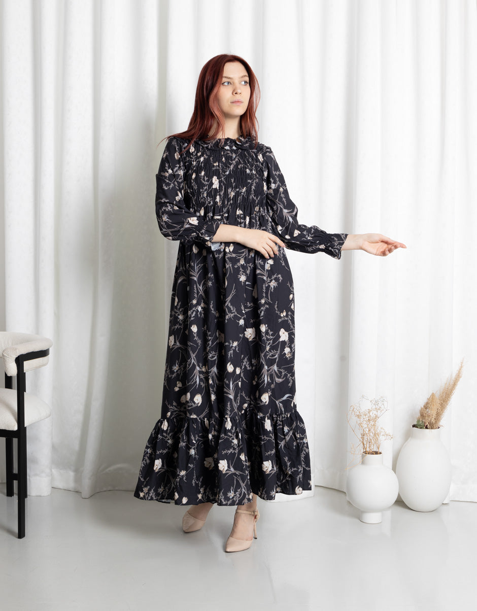 Platted Black Maxi Dress with Floral Pattern