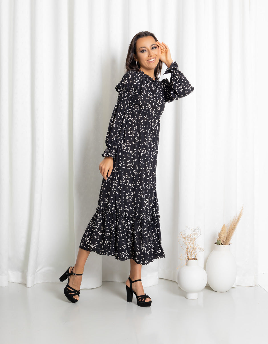 Tiered Frill Petal Print Black Maxi