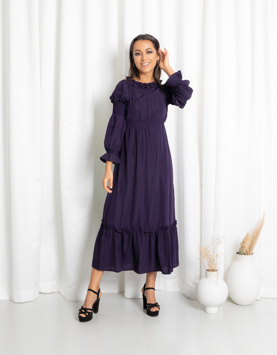 Dark Purple Frill Neck Maxi Dress