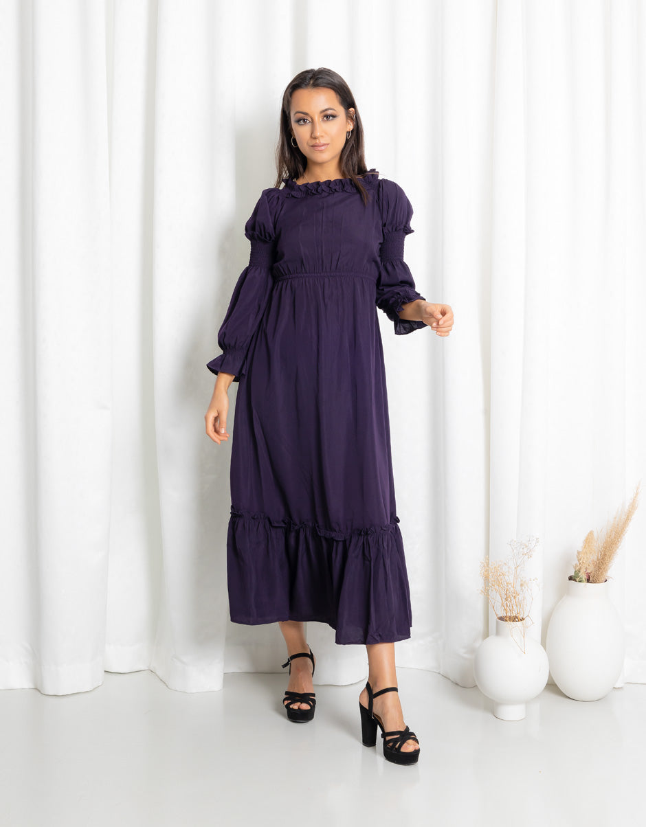 Dark Purple Frill Neck Maxi Dress