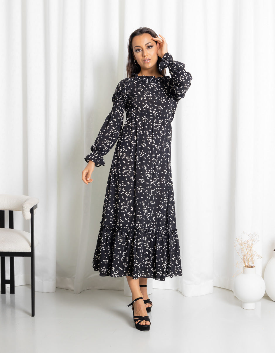 Tiered Frill Petal Print Black Maxi