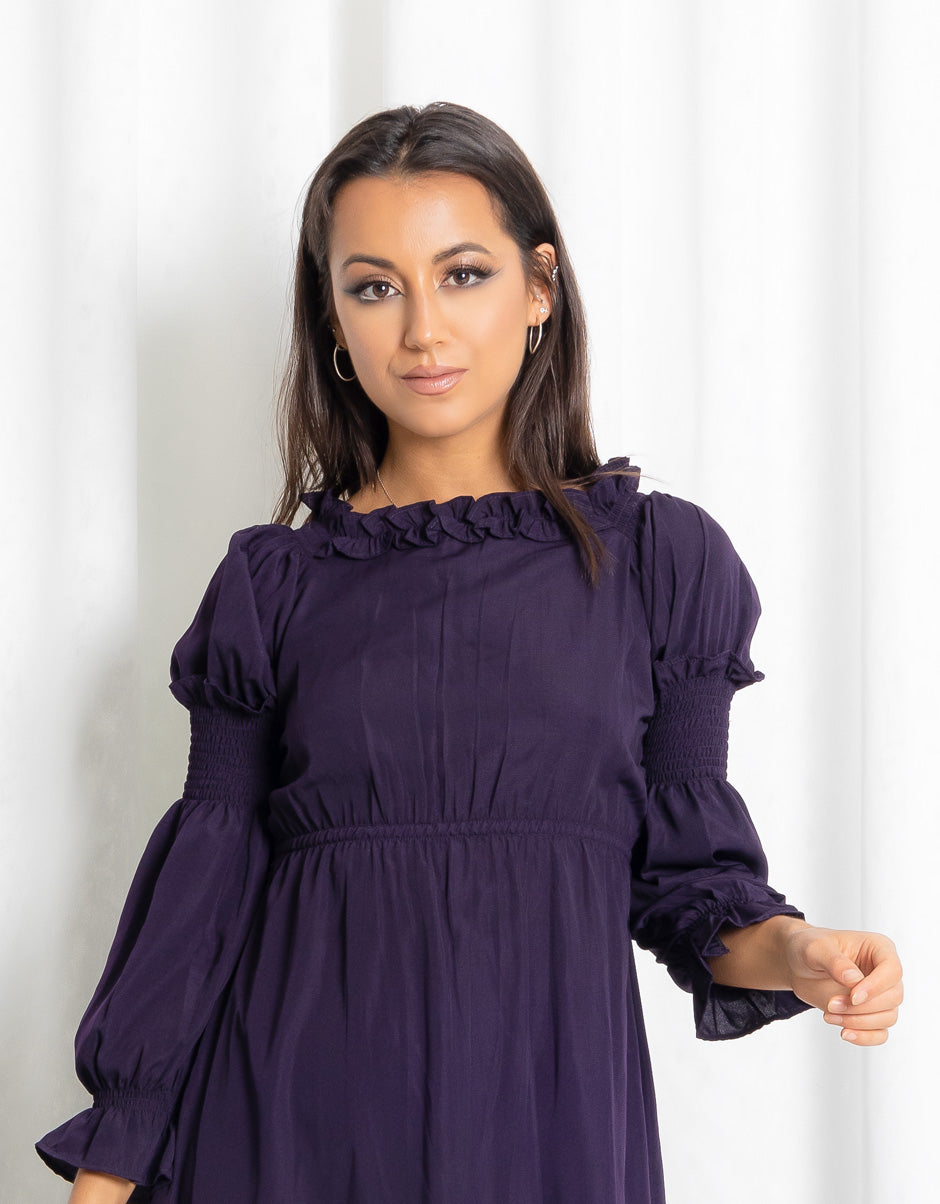 Dark Purple Frill Neck Maxi Dress