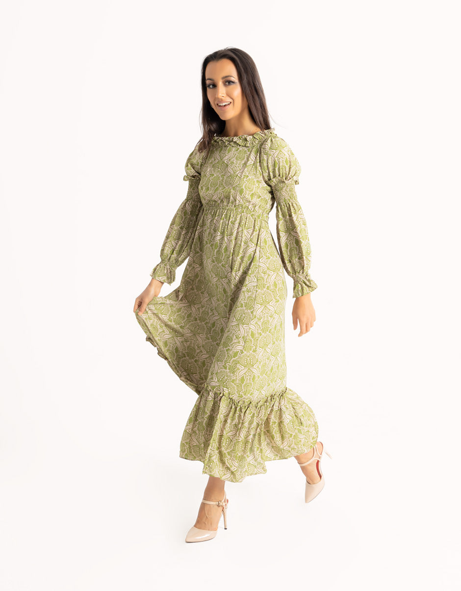 Pleated Sleeves and Tiered Frill Maxi