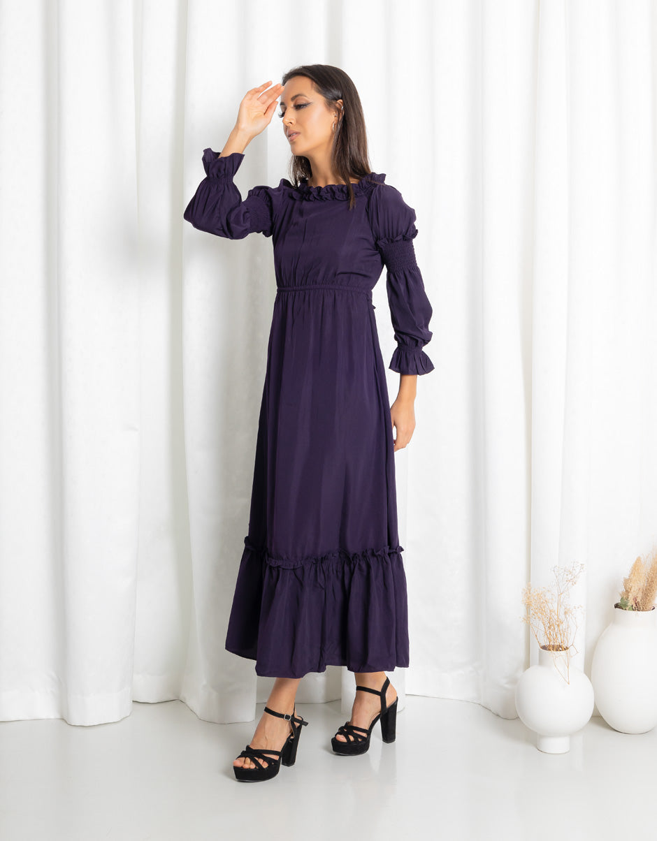 Dark Purple Frill Neck Maxi Dress