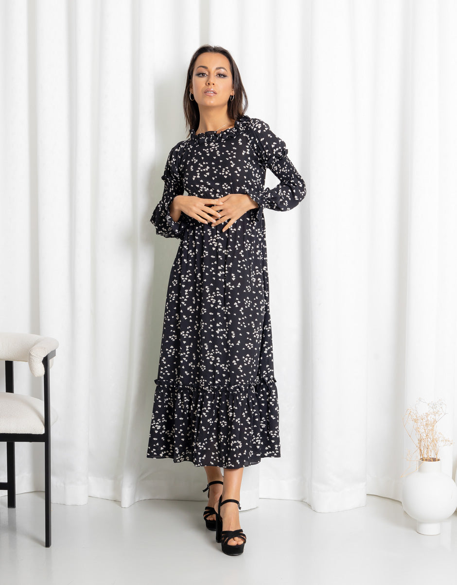 Tiered Frill Petal Print Black Maxi