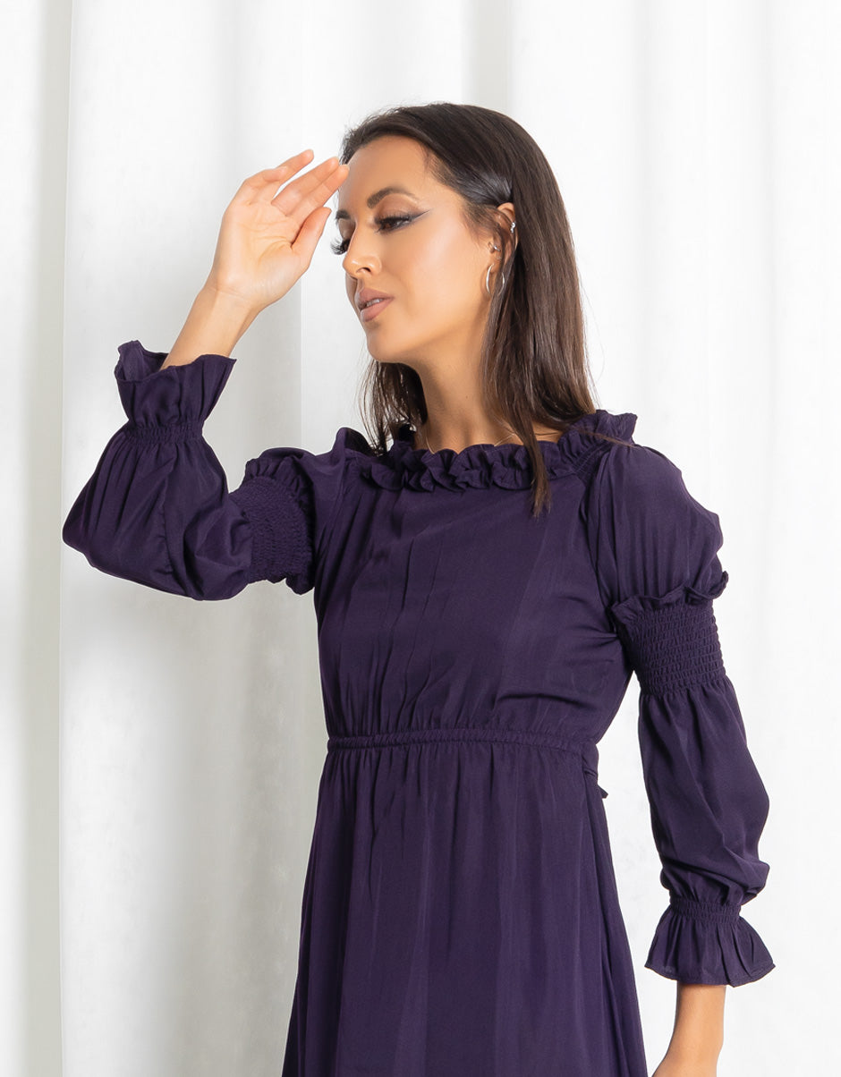 Dark Purple Frill Neck Maxi Dress