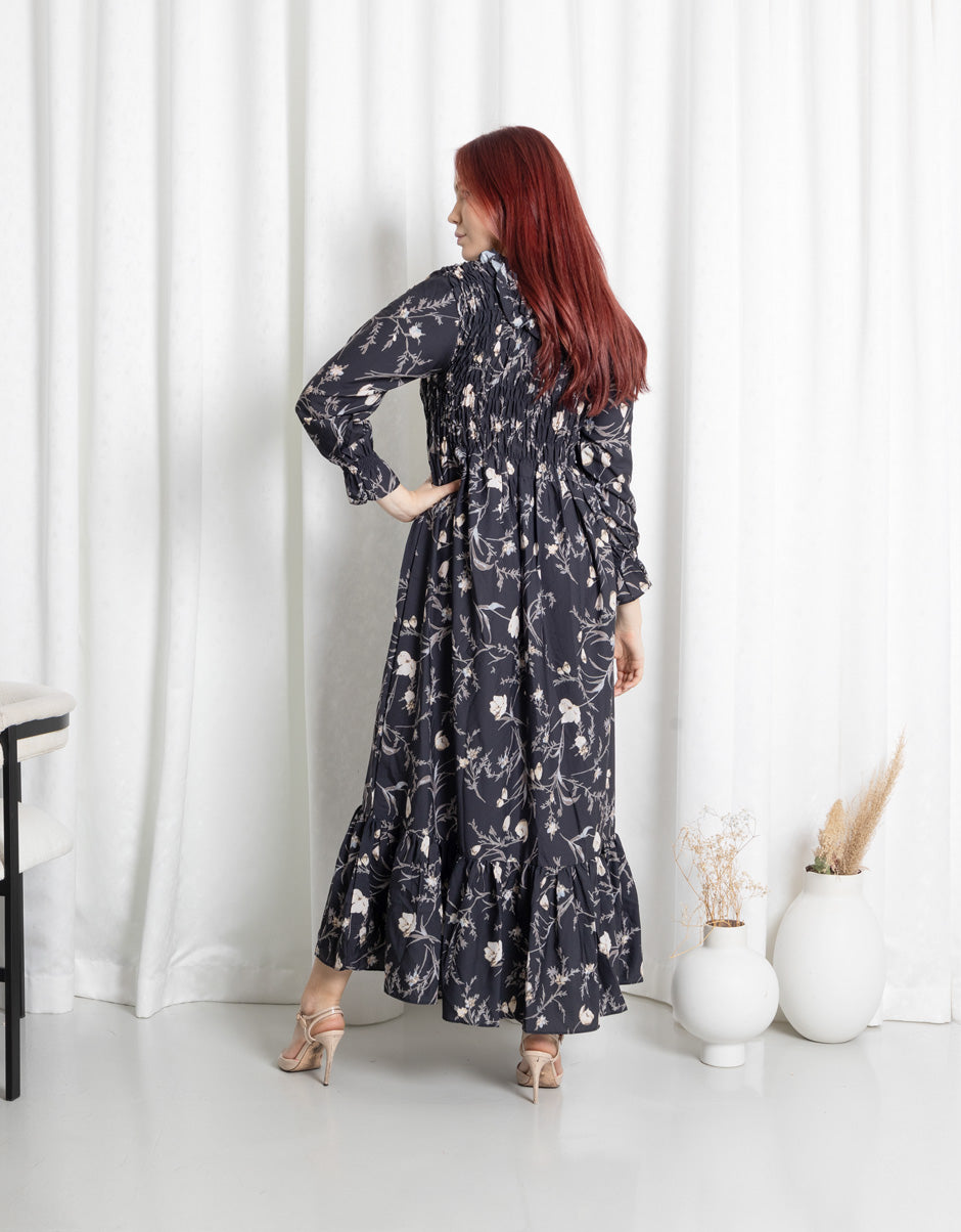 Platted Black Maxi Dress with Floral Pattern