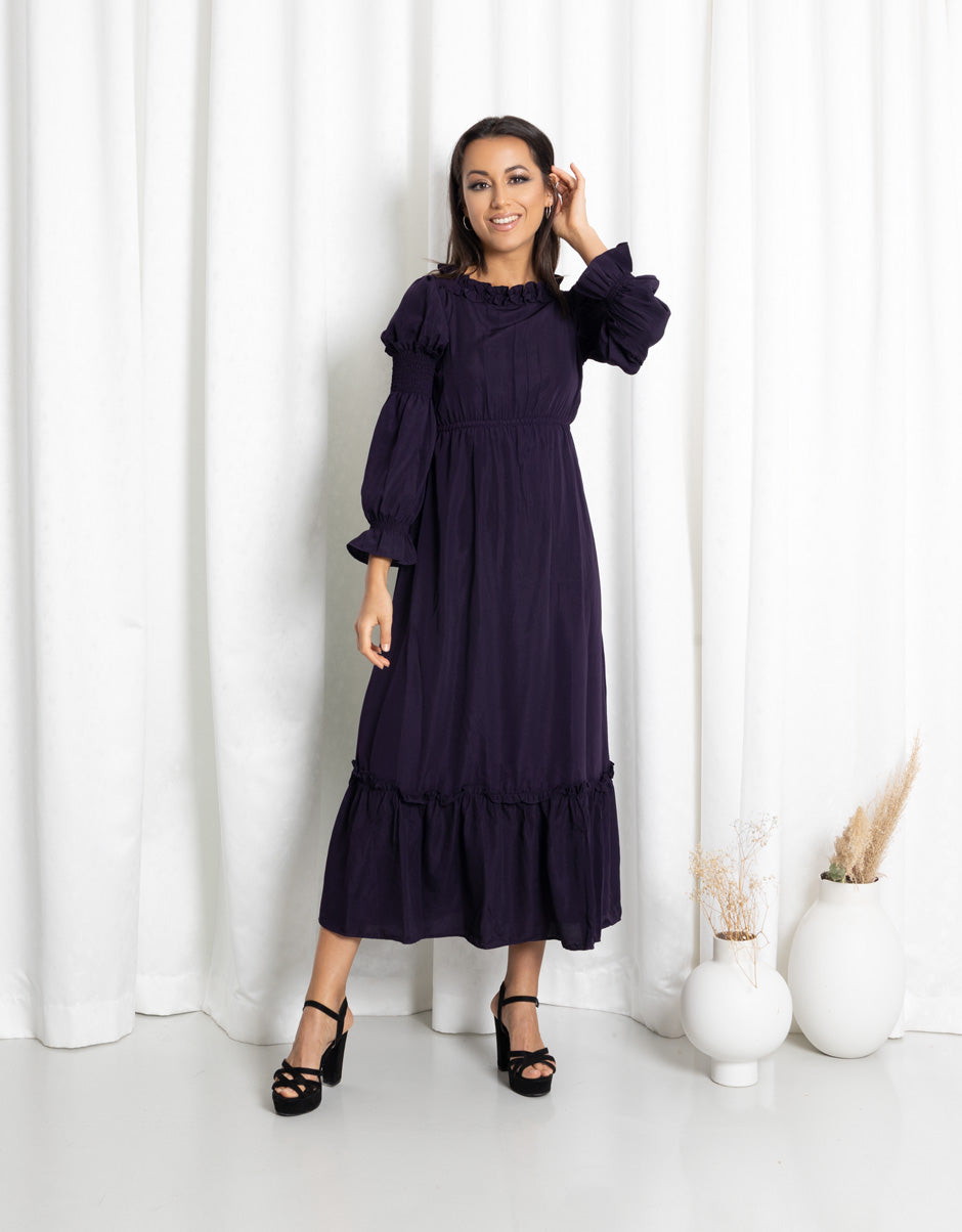 Dark Purple Frill Neck Maxi Dress