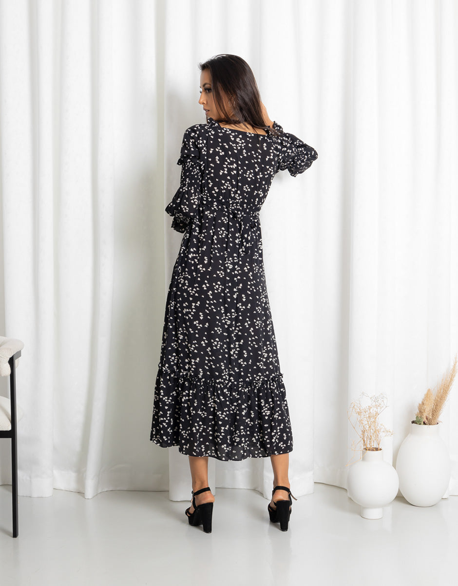 Tiered Frill Petal Print Black Maxi