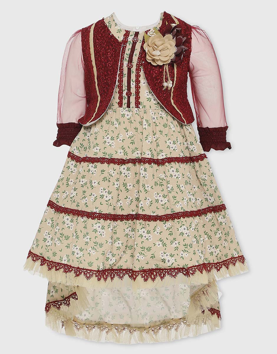 Baby Girl's Floral Frock with Maroon Uppar